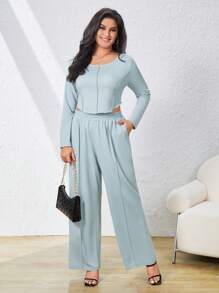 SHEIN Essnce 大尺碼對比縫合兩件套裝 - 淺藍色 - 查看 3