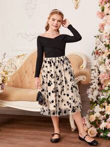 SHEIN Tween Girl Off Shoulder Cross Wrap Front Floral Mesh Overlay Dress - Black - View 5