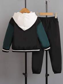 SHEIN 青少年男孩字母印花對比色棒球外套和運動長褲套裝 - 彩色 - 查看 2