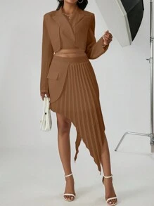 SHEIN Privé 2pcs/Set Tie Front Blazer And Asymmetrical Hem Skirt Suit - Brown - View 5
