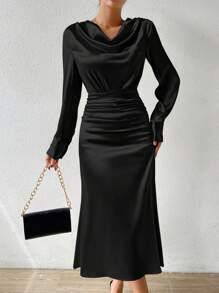 Zolique 女款兜帽領褶皺雪紡時尚連衣裙 - 黑色 - 查看 4