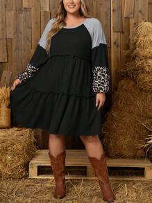 EMERY ROSE Vestido Con Dobladillo Con Volantes Y Manga Farol Con Bloques De Color De Talla Grande - Negro - Ver 3
