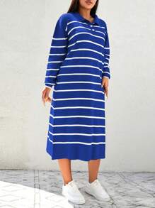 SHEIN Cottnline Plus Size Striped Pattern Polo Neck Sweater Dress - Royal Blue - View 3