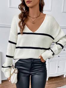 SHEIN Frenchy 時尚條紋v領毛衣 - 黑與白 - 查看 3