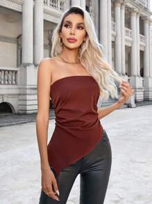 GENKIRA 純色後拉鍊不對稱下擺背心上衣 - 棕色 - 查看 6