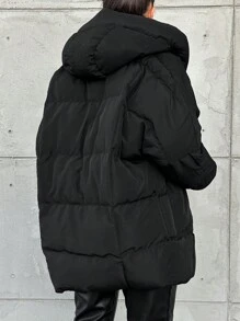 SHEIN Cottnline Solid Color Casual Hooded Padded Jacket - Black - View 2