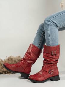 Fashionable Ladies' Wrinkled Leather Mid-calf Boots 2023 New Black Wrinkled Leather Buckle Mid-calf Boots - Burgundy - View 1