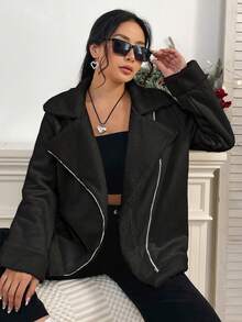 SHEIN Unity Màu thuần To lớn Cổ áo tây Áo khoác - màu đen - Xem 3