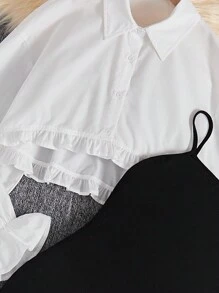 SHEIN Teen Girl Flounce Sleeve Blouse & Cami Dress - Black and White - View 5
