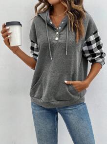 SHEIN LUNE 女士連帽衛衣,格紋圖案和下垂肩袖設計 - 灰色 - 查看 5