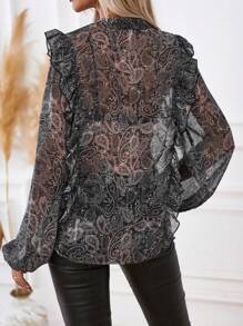 SHEIN Privé Peplum & Lantern Sleeve Mesh Blouse With Paisley Print - Multicolor - View 2