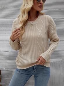 女性素色落肩袖套頭毛衣 - 杏色 - 查看 5