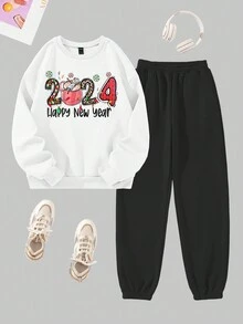 SHEIN EZwear Women'S Letter Printed Sweatshirt And Pants Two Piece Set - Multicolor - View 1