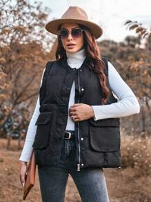 SHEIN LUNE Women's Sleeveless Jacket With Flap Pockets And Baseball Collar Design - Black - View 3