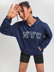 Vitoria Brayner Áo hoodie thả vai có túi Kangaroo họa tiết chữ nghệ sĩ, dùng cho ngày lễ, kỳ nghỉ - Màu xanh hải quân - Xem 6