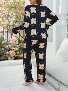 Kích thước lớn Của phụ nữ Gấu Hoạt hình Trang trí ren Bộ mặc nhà - màu đen - Xem 2