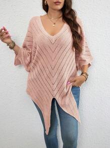 SHEIN LUNE Hơn Dệt kim chấm bi tay cánh Nút viền Áo len - Hồng - Xem 3