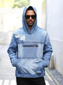 Manfinity LEGND Loose Fit Men's Distressed Hooded Denim Jacket With Kangaroo Pocket - Medium Wash - View 4