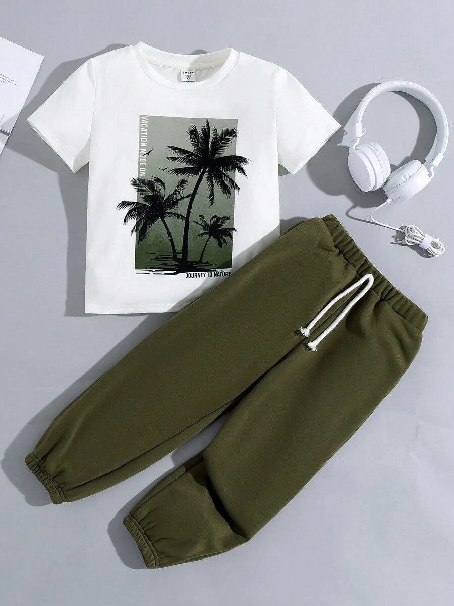 Chàng trai trẻ In cây dừa Áo thun & Thắt Eo Quần thể thao - trắng - Xem 1