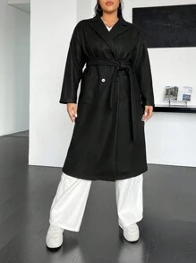 SHEIN EZwear Plus Size Women's Knitted Coat With Large Pockets And Drop Shoulders - Black - View 6