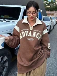 Dazy Star Letter Graphic Contrast Collar Drop Shoulder Sweatshirt