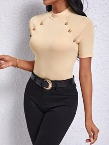 SHEIN Privé Mock Neck Button Detail Raglan Sleeve Tee - Apricot - View 3