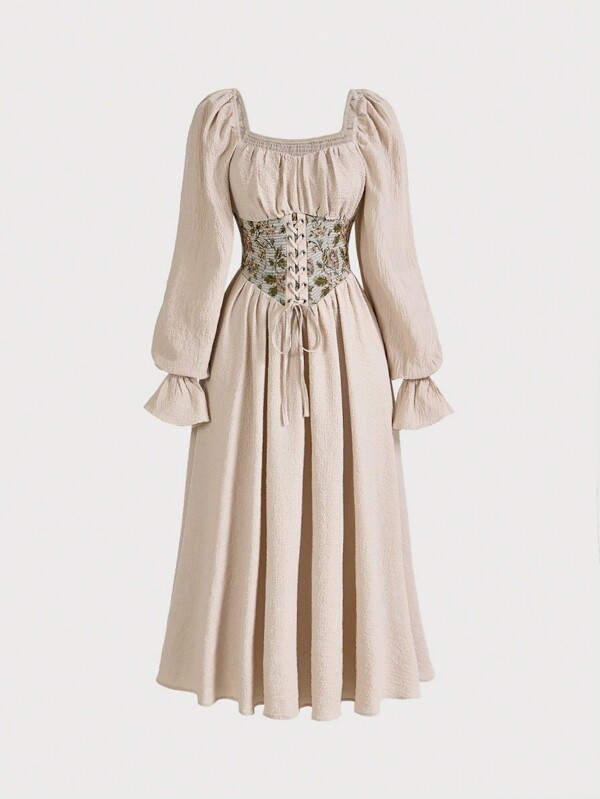 SHEIN MOD Kleid mit Kontrast Blume Muster, Band vorne, Volant Ärmeln,