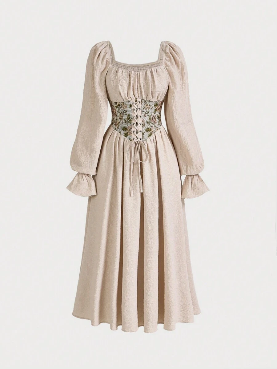 SHEIN MOD 拼接印花前繫帶荷葉袖洋裝 - 杏色 - 查看 1