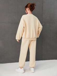 SHEIN 青少年女孩字母圖案落肩保暖襯裡套頭衫和運動褲