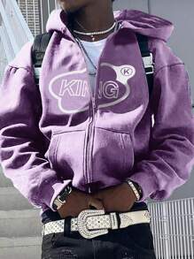 Manfinity Hypemode 男士字母印花拉鍊連帽衛衣 - 紫色 - 查看 1