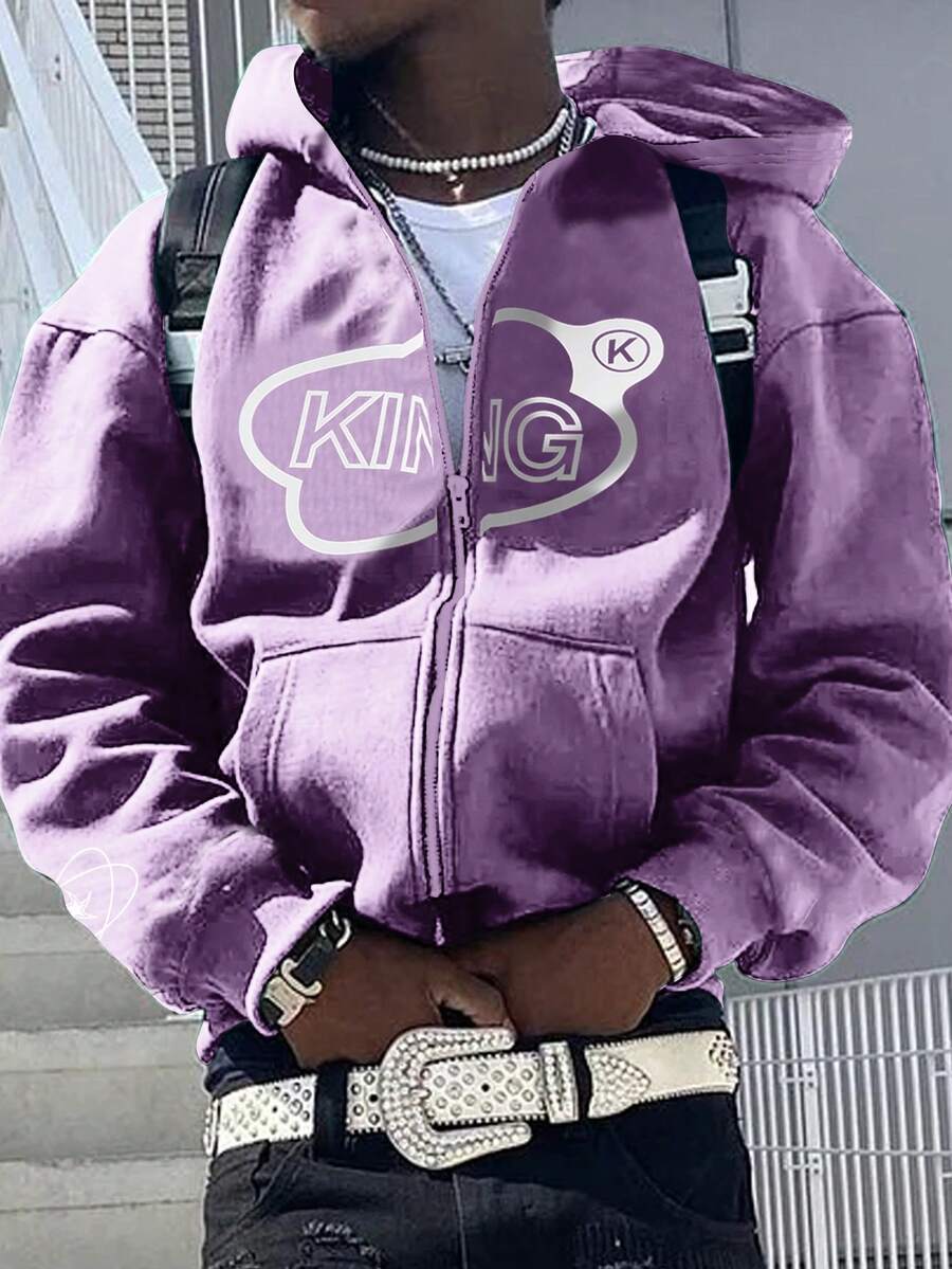 Manfinity Hypemode 男士字母印花拉鍊連帽衛衣 - 紫色 - 查看 1