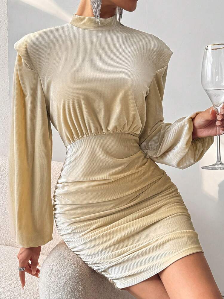 Mock Neck Ruched Lantern Sleeve Bodycon Dress Fall Cloth For Women