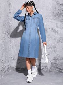 SHEIN EZwear Women's Denim Shirt Dress With Flap Pockets - Medium Wash - View 4