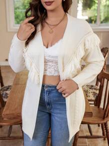 Flirla Hơn Viền rìa Thả vai Áo len Duster - trắng - Xem 6