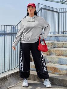 SHEIN EZwear Áo nỉ tay rớt vai cỡ lớn in chữ - Màu Xám nhạt - Xem 6