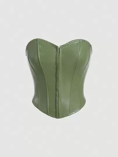 SHEIN x Marika Sila SHEIN MOD Solid PU Leather Tube Green Hook-Front Mid-Waist Shaping Top