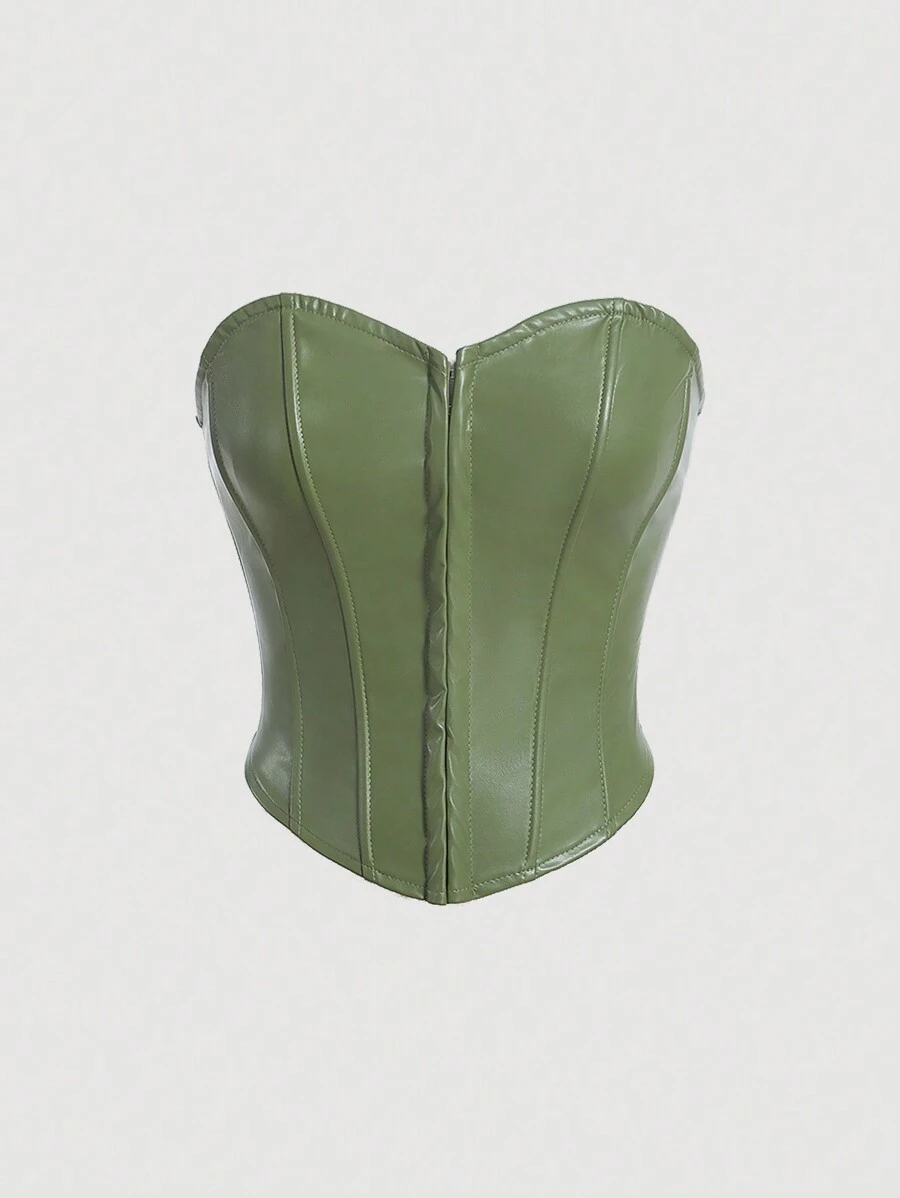 SHEIN x Marika Sila SHEIN MOD Solid PU Leather Tube Green Hook-Front Mid-Waist Shaping Top - Army Green - View 1