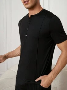 2pcs/set Men's Solid Color Short Sleeve Button Up Henley T-shirt And Long Pants Homewear - Black - View 3