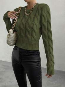 Chiquease Solid Color Pullover Knit Pullover Fall Winter Sweater - Army Green - View 4