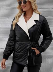 SHEIN LUNE 撞色翻领系腰加厚棉服外套冬季