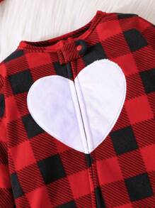 Baby Girls' Heart Print Grid Blue And Green Jumpsuit With Long Sleeve And Footed For Spring And Autumn - Multicolor - View 6