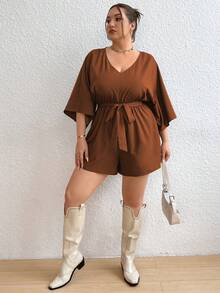 SHEIN Holidaya Hơn tay cánh Thắt lưng Romper - màu nâu - Xem 6