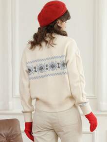Simple Retro wool print button lapel neck sweater - Beige - View 3