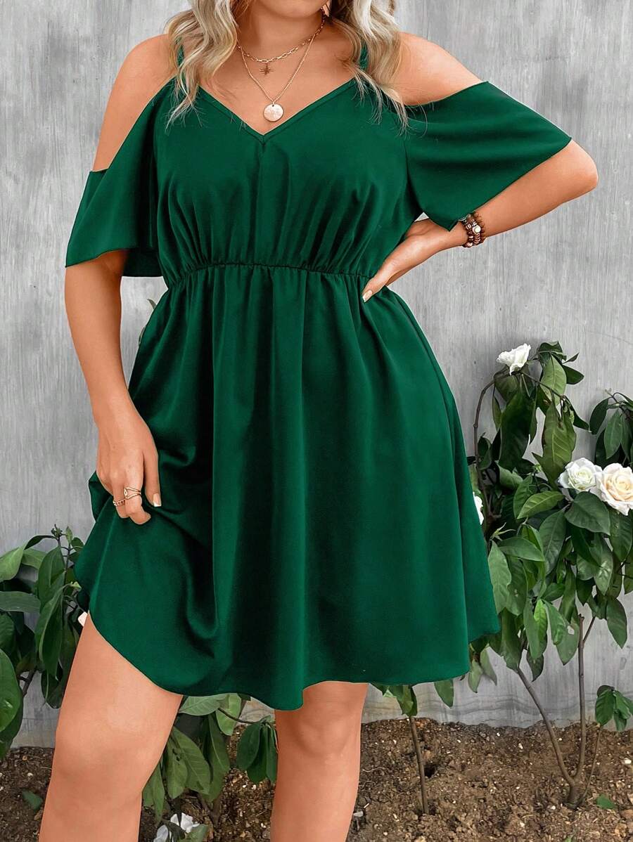 SHEIN LUNE Plus Size Cut-Out Shoulder Summer Dress - Dark Green - View 1
