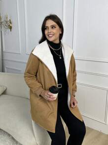 SHEIN LUNE 大码女式毛绒衬里加厚棉袄外套冬季前开襟 - 棕色 - 查看 6