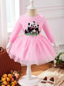 嬰兒女孩可愛貓熊&愛心圖案網紗裙子套裝適用於秋天和冬天 - 彩色 - 查看 1