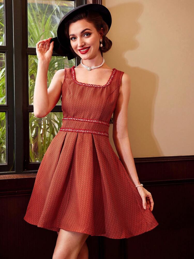 Vintage Elegant Sleeveless Woolen Lace Hem Pleated Dress With Umbrella, Autumn/Winter