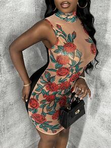 Slaydiva 2024 Sexy Summer Music Festival Streetwear Casual Slim Fit High-Neck Rose Flower Mesh Semi-See-Through Tight PU Leather Splicing High Elasticity Women Mini Dress For Valentine Day, Date, Holiday Party - Multicolor - View 7