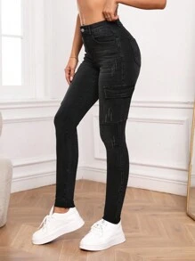 SHEIN Tall Flap Pocket Side Cargo Jeans - Black - View 5