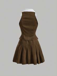 SHEIN MOD Striped Print Stereo Flower Front Vest Jacket & Skirt - Brown - View 2
